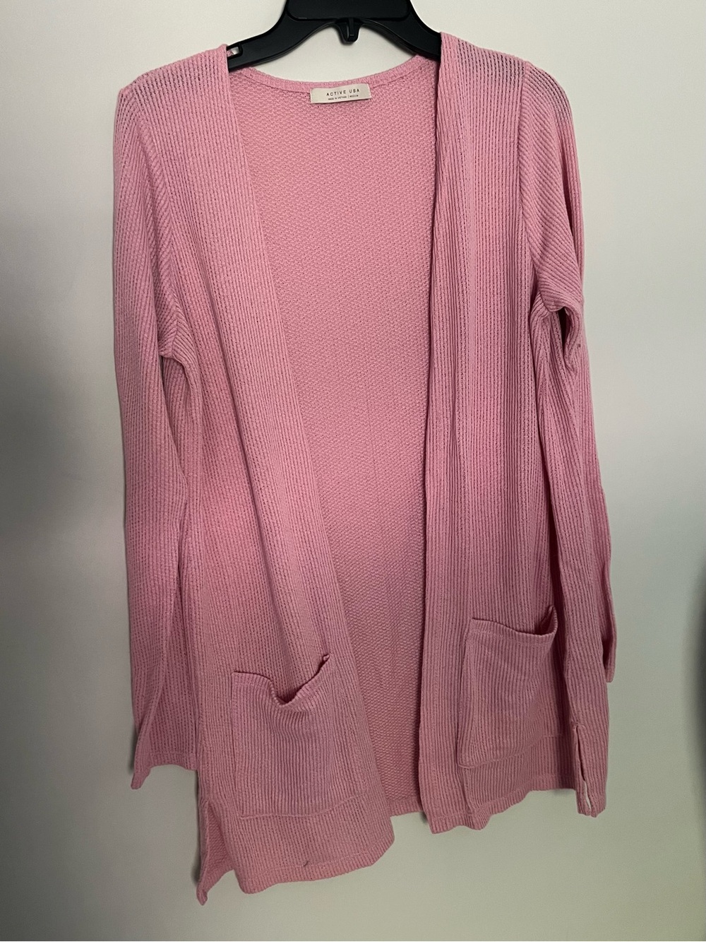 Active USA Light Pink Open-Front Ribbed Cardigan with Pockets